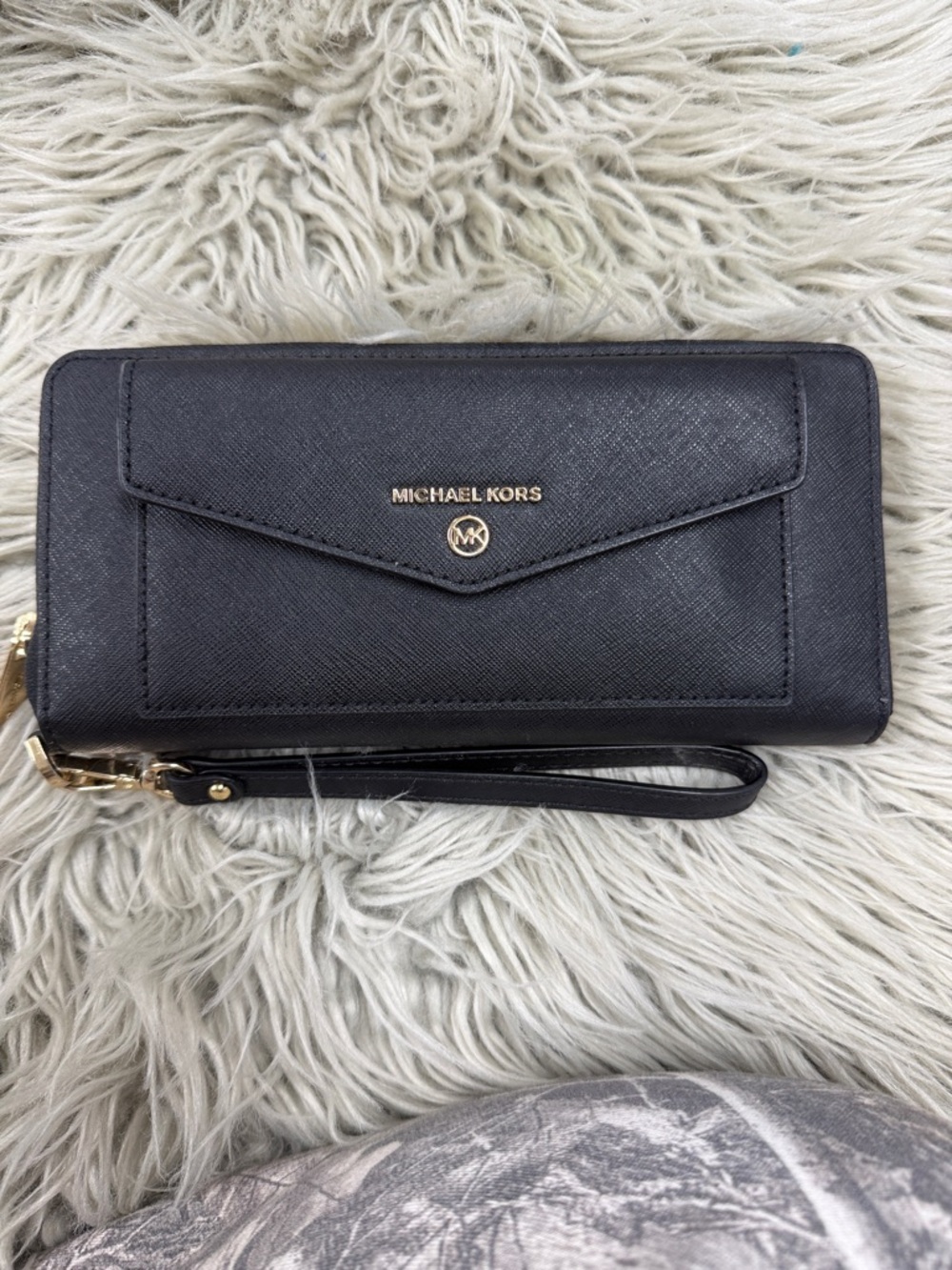 Michael Kors Black Saffiano Zip-Around Wristlet Wallet with Gold Logo